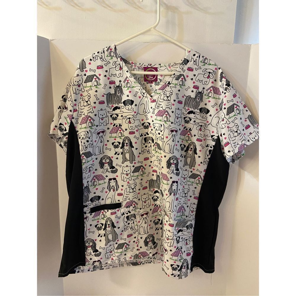 Divine Scrub Top Shirt JDM 2x‎ dogs  Bones Pets White Black rn#142690